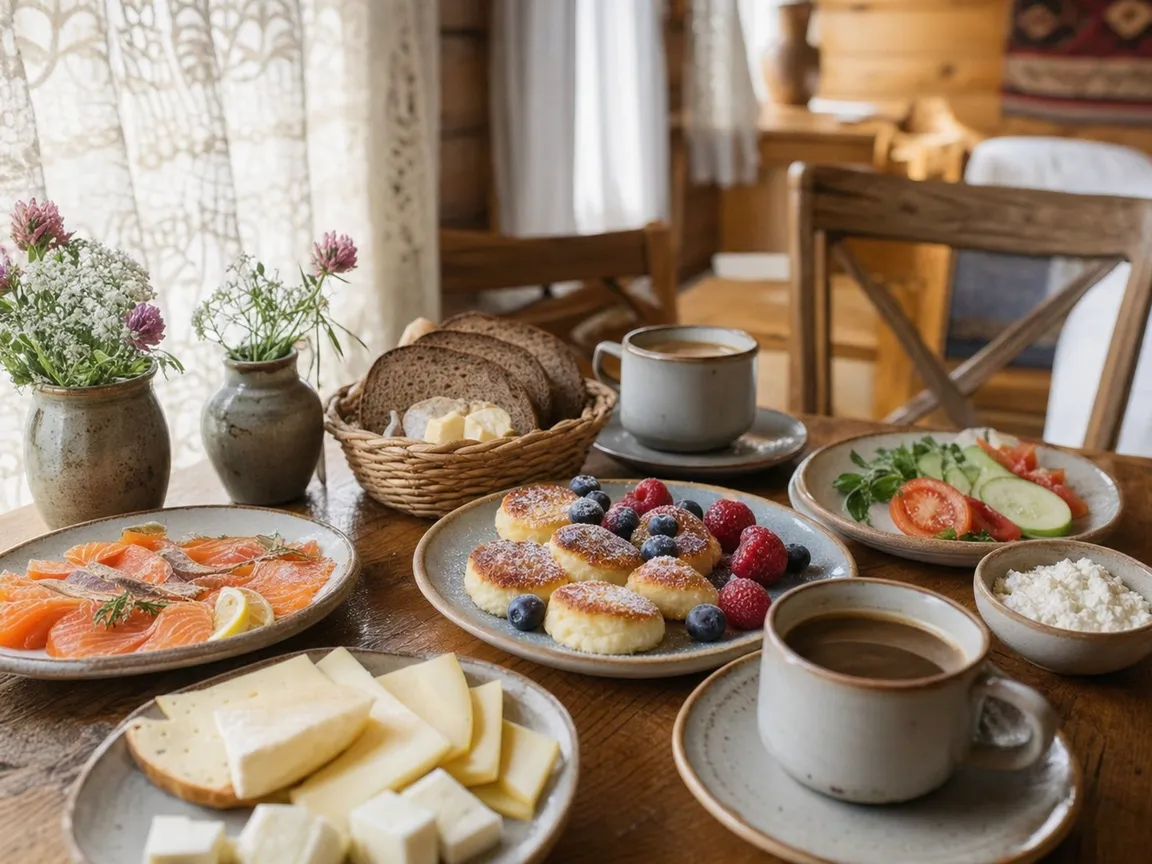Завтрак: копчёная рыба, сыры, сырники, кофе
